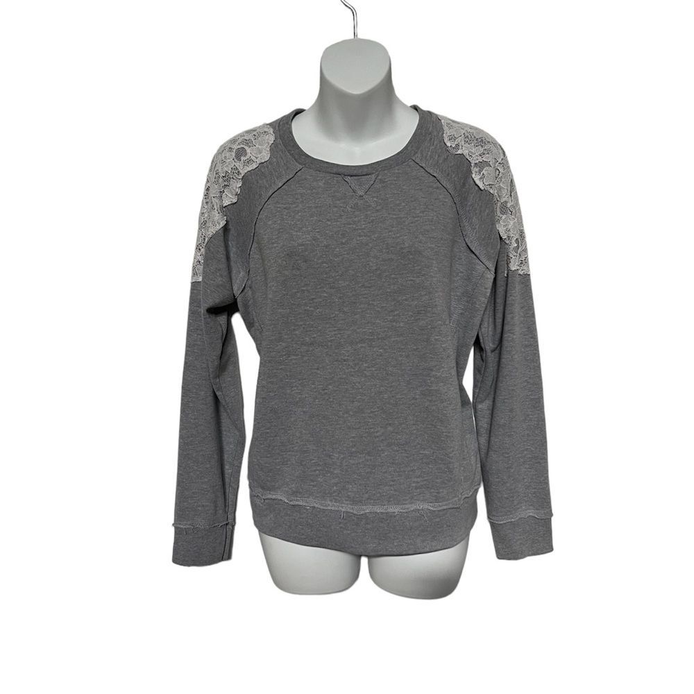 Grey crewneck sweater with lace shoulders
